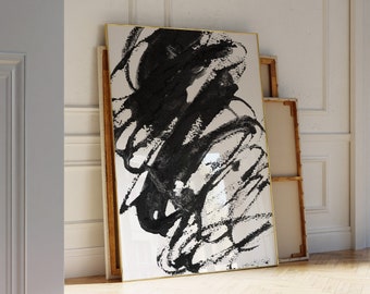 Impression abstraite de coup de pinceau noir - art imprimable minimaliste moderne - affiche de ligne désordonnée à l'encre noire - art contemporain - déco scandinave