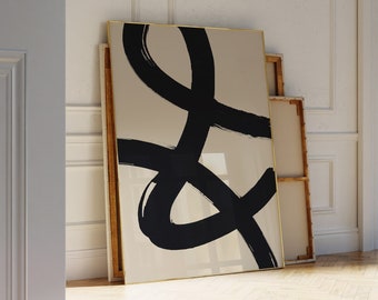 Black Line Wall Art - Decorazione murale minimalista Japandi - Stampa astratta nera e beige - Pennellate - Grande poster scaricabile
