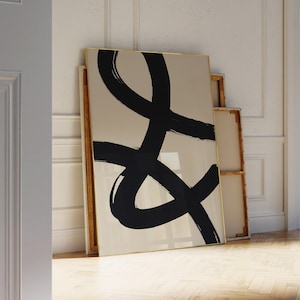 Black Line Wall Art - Decoración de pared minimalista Japandi - impresión abstracta en negro y beige - pintura con pinceladas - gran cartel descargable