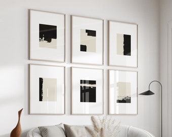 Abstract Gallery Wall Art Set de 6 grabados - Pinturas minimalistas modernas en negro y beige sobre blanco - Decoración de pared Japandi imprimible de 6 piezas