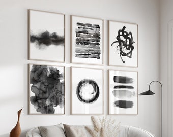 Black and White Watercolor Set of 6 Prints - Scandinavian abstract minimal art - monochrome gallery wall art - large printable paintings