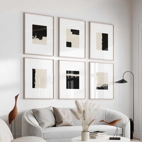 Abstract Gallery Wall Art Set de 6 grabados - Pinturas minimalistas modernas en negro y beige sobre blanco - Decoración de pared Japandi imprimible de 6 piezas