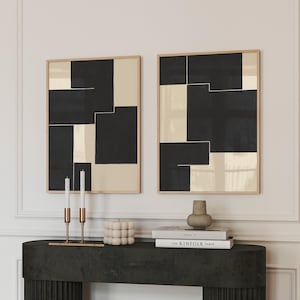 Black Beige Abstract Set of 2 Prints, Modern Minimalist Geometric Printable Wall Art