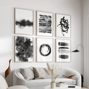 Black and White Watercolor Set of 6 Prints - Scandinavian abstract minimal art - monochrome gallery wall art - large printable paintings
