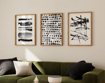 Abstract Minimalist Art Set of 3 Black and White Watercolor Prints, Scandinavian Poster Trio