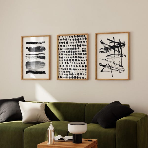 Abstract Minimalist Art Set of 3 Black and White Watercolor Prints, Scandinavian Poster Trio