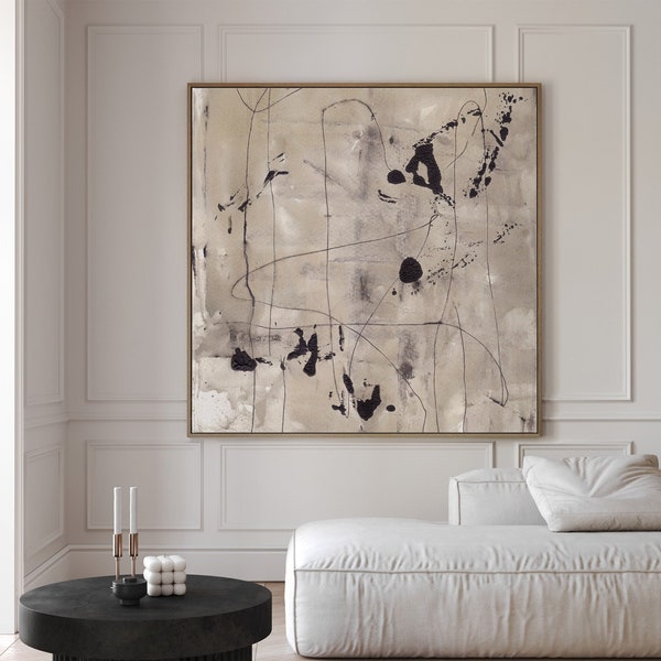 Beige en zwarte abstracte kunstprint - neutrale kleur minimalistisch schilderij - downloadbare vierkante muurkunst - grote afdrukbare kunst - Scandinavisch decor