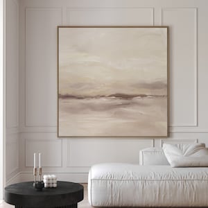 Paisagem marinha abstrata neutra - pintura a óleo para impressão - paisagem costeira calma - arte de parede em tela minimalista bege - impressão grande para download