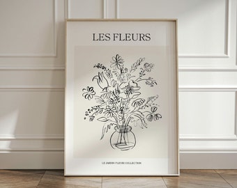 Floral Still Life Drawing - French aesthetic exhibition poster - neutral flower bouquet art print - boho chic - printable botanical wall art
