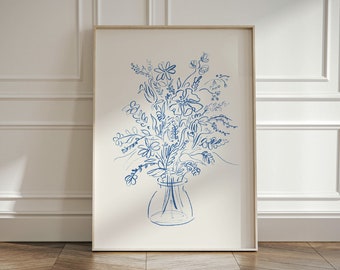 Blue Floral Still Life Drawing - flower bouquet art print - bohemian aesthetic poster - printable botanical wall art - fine line flower art