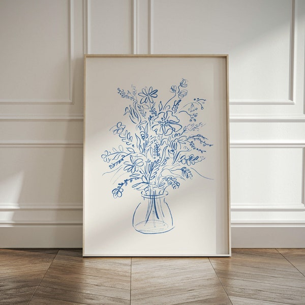 Blaue Blumen Stillleben Zeichnung - Blumenstrauß Kunstdruck - Boho ästhetisches Poster - druckbare botanische Wandkunst - feine Linie Blumenkunst