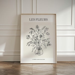 Dibujo de naturaleza muerta floral - Póster de exposición de estética francesa - Impresión artística de ramo de flores neutrales - Arte de pared botánico imprimible - Boho chic