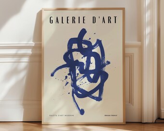French Gallery Abstract Poster, Modern Blue Brushstroke Printable Art
