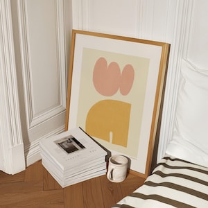 Pôster abstrato colorido moderno - impressão de arte minimalista amarelo mostarda e rosa - arte geométrica simples contemporânea - decoração de parede para impressão