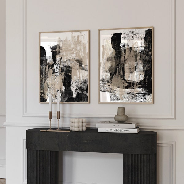 Set of 2 Modern Abstract Paintings - Japandi black and beige printable wall art - Wabi Sabi art prints - large contemporary art posters