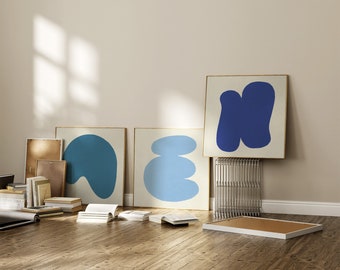 Blue Simple Shape Abstract Square Prints - Set of 3 minimalist printable paintings - Teal, Sky and Royal Blue - trendy Scandinavian wall art