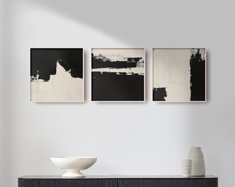 Black Beige Abstract Art Set of 3 Square Printable Paintings - Modern minimalist wall decor - 3 piece Japandi wall art - downloadable prints