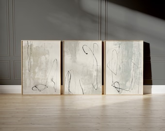 Neutral Abstract Art Set of 3 Prints - Modern minimalist paintings - beige, cream, sage green, and black wall art - printable art gallery