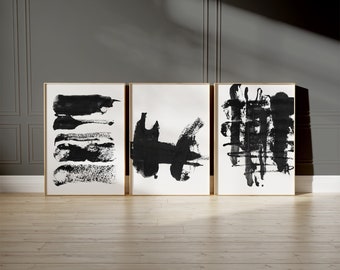 Set of 3 Black and White Abstract Prints - modern brushstroke posters - Scandinavian minimalist gallery wall art - large printable paintings