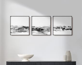 3-delig aquarellandschap - zwart-wit vierkante abstracte kunst - set van 3 afdrukbare minimalistische schilderijen - Scandinavische wanddecoratie
