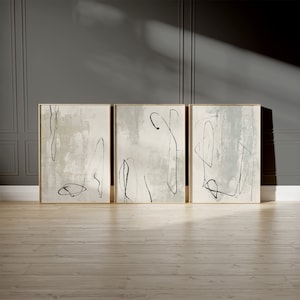 Set di 3 stampe di arte astratta neutra - Dipinti minimalisti moderni - arte murale beige, crema, verde salvia e nero - galleria d'arte stampabile