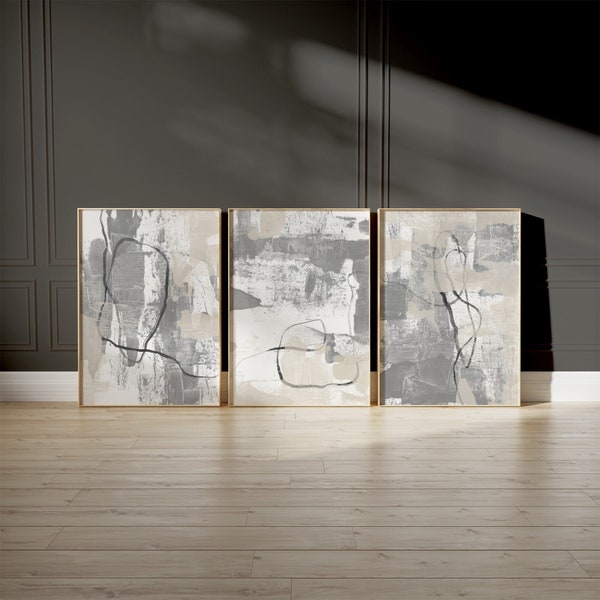 Set di 3 stampe d'arte astratte - Arte da parete moderna grigio beige - Galleria da parete in 3 pezzi - dipinti stampabili neutri - grandi stampe scaricabili