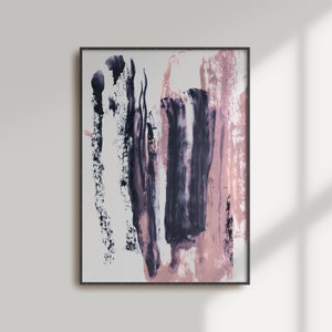 May include: Abstract painting in a black frame with pink and purple brushstrokes on a white background.