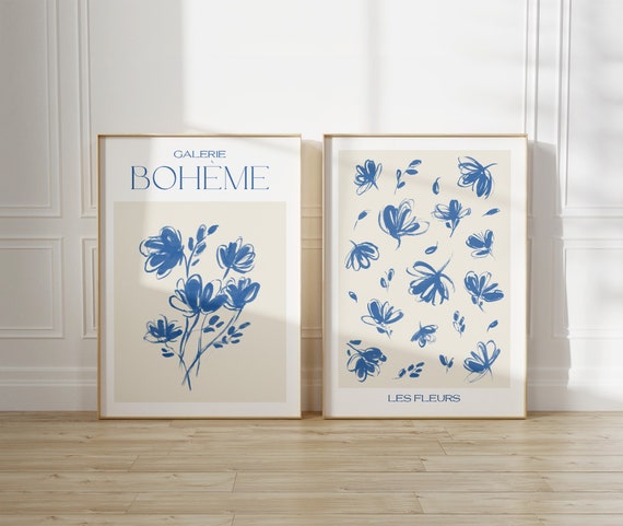 Set of 2 Blue and Neutral Flower Art Prints - French botanical exhibition posters - bohemian floral wall art - azure flower bouquet