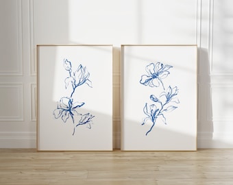 Blue Watercolor Flower Art Set of 2 Prints - Magnolia wall decor - minimalist botanical line art - large printable floral paintings