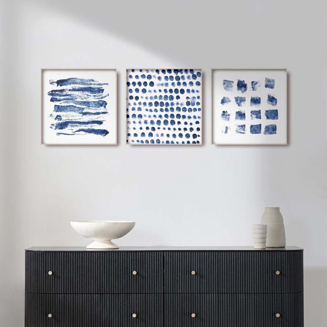 Set of 3 Navy Blue Square Watercolor Prints - Abstract Minimalist Wall ...