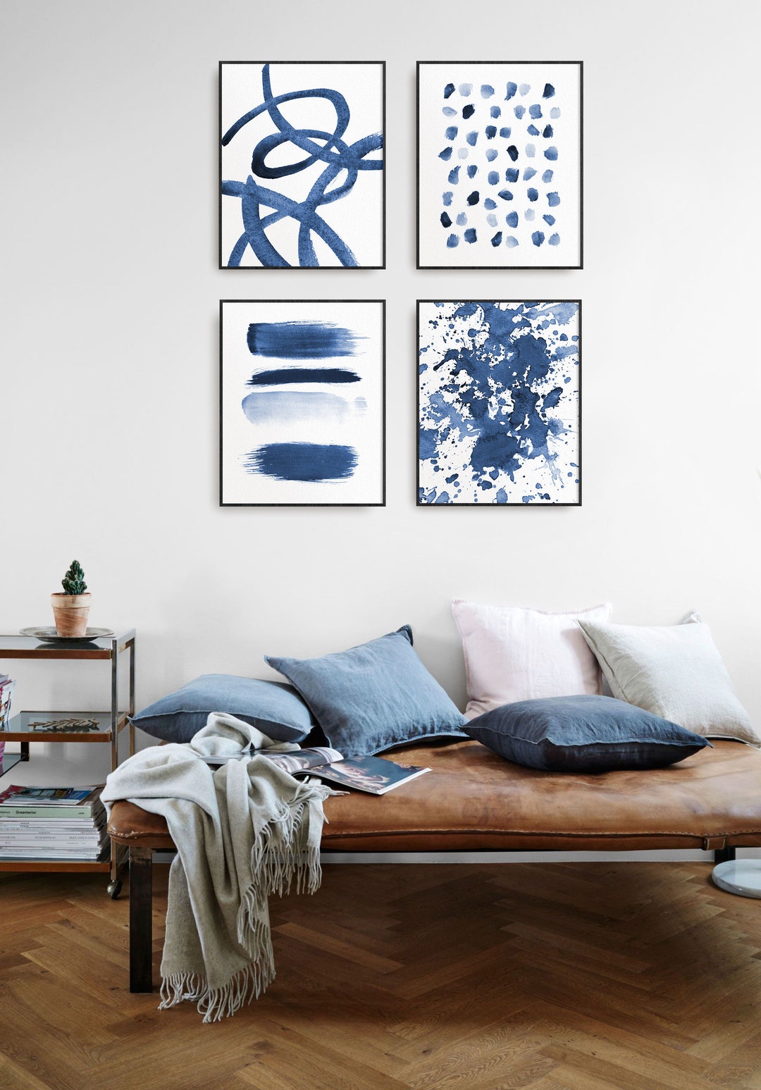 Set of 4 Navy Blue Abstract Watercolor Prints - Indigo Blue Brushstroke ...