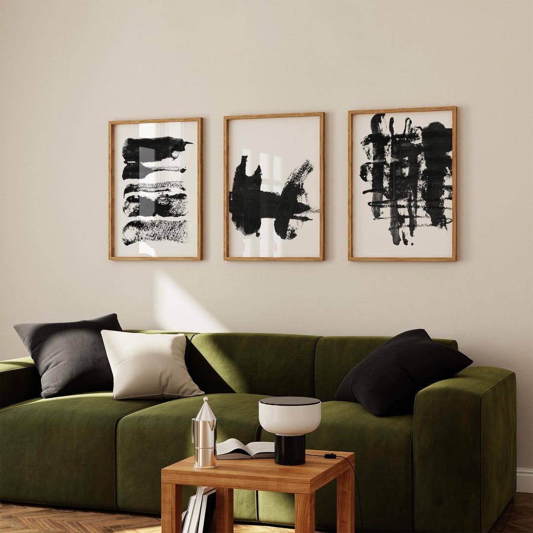 Black and White Abstract Set of 3 Brushstroke Art Prints - Etsy