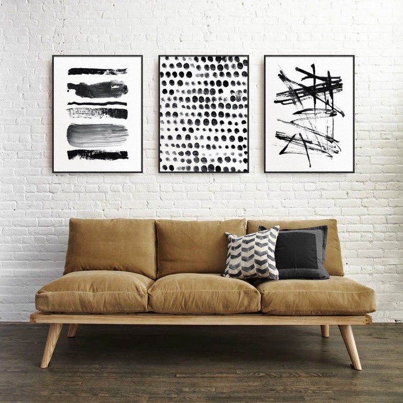 Set of 3 Black and White Watercolor Prints - Modern abstract brush stroke posters - minimalist gallery wall art - large printable paintings 