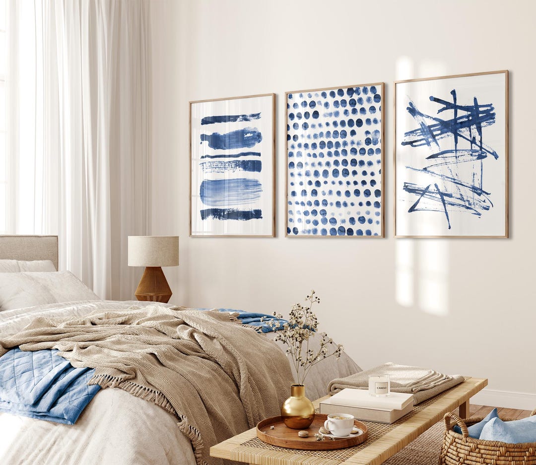 Blue Abstract Wall Art Set of 3 Minimalist Watercolor Prints - Etsy