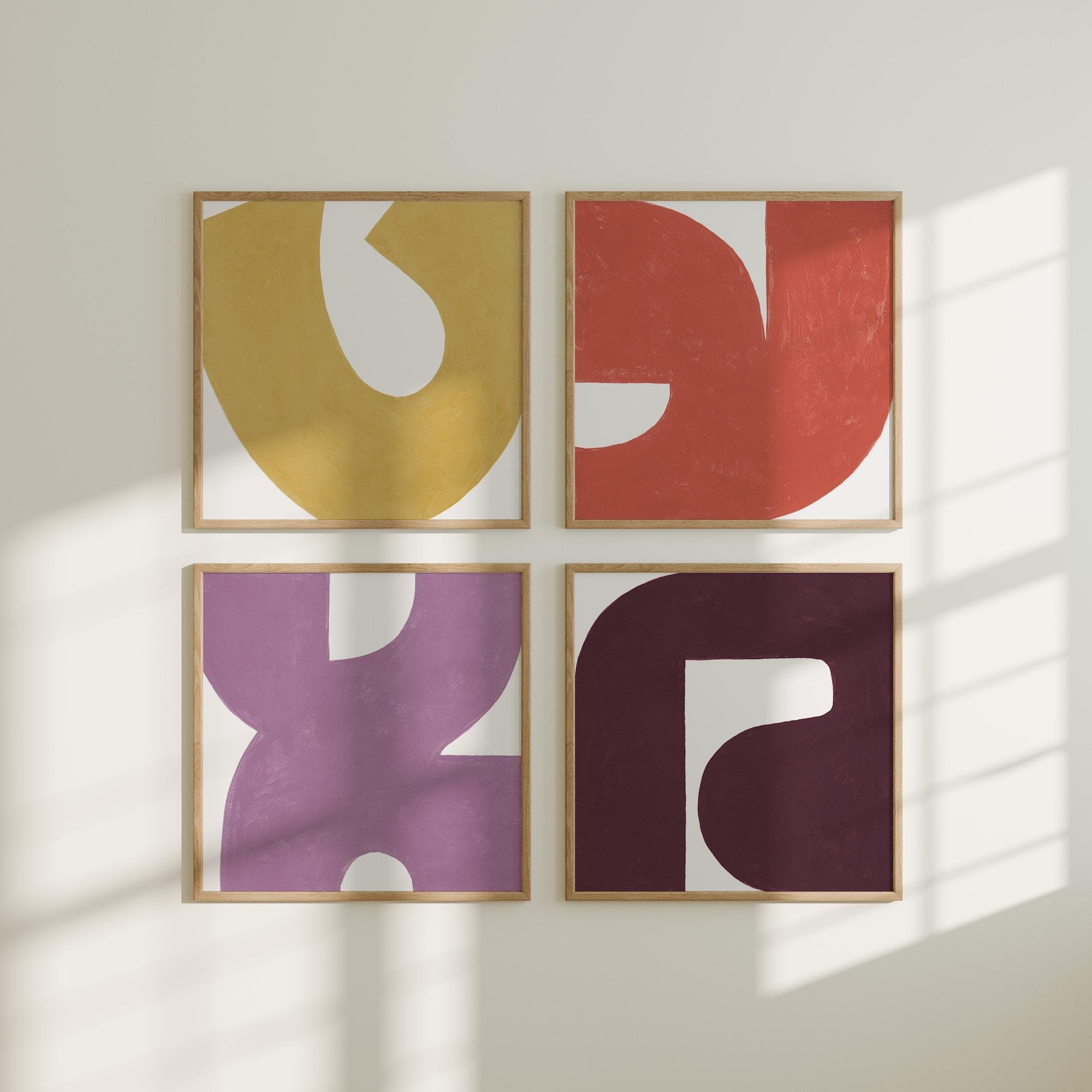 Set of 4 Bold Color Square Prints - Modern printable wall art - simple colorful abstract shapes - contemporary minimalist paintings