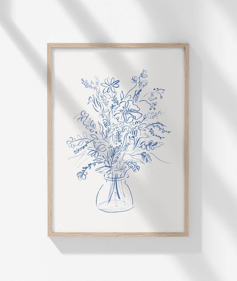 Blue Floral Still Life Drawing flower bouquet art print bohemian aesthetic poster printable botanical wall art fine line flower art image 5