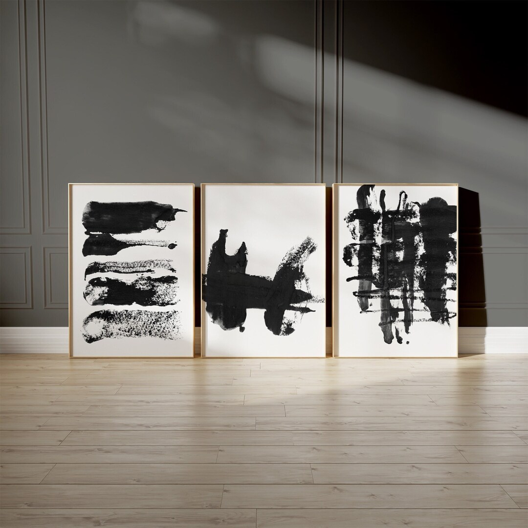 Set of 3 Black and White Abstract Prints - Modern Brushstroke Posters ...