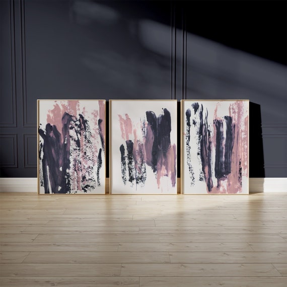 Set of 3 Pink and Black Abstract Paintings - Modern printable canvas art - 3 piece wall art gallery - large downloadable prints