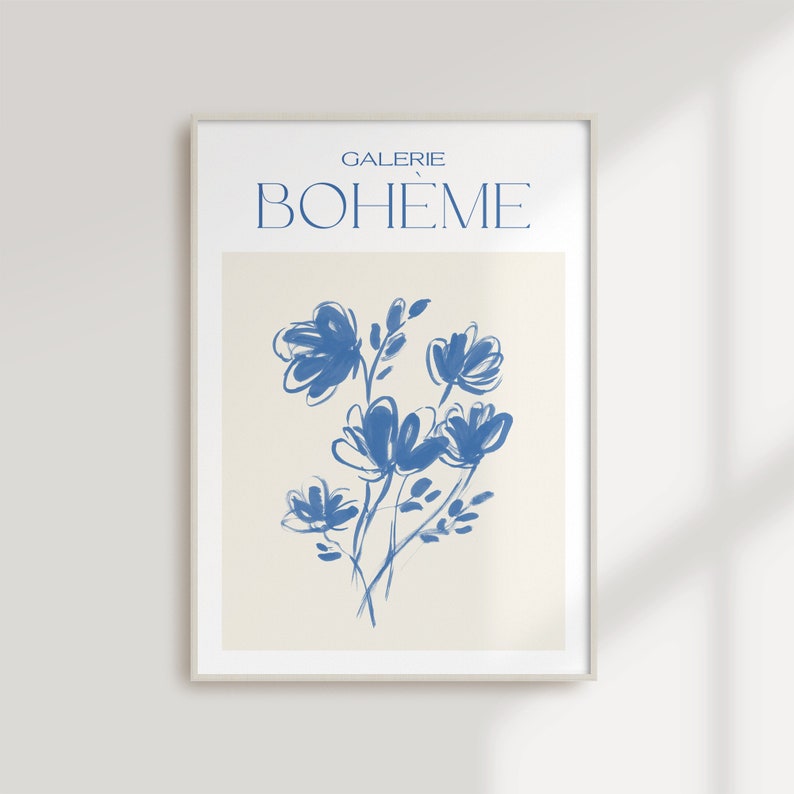 May include: A blue and white abstract floral print with the text "GALERIE BOHEME" in a white frame.