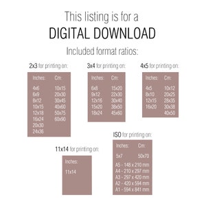 Op de afbeelding: Een digitale download van afdrukbare kunst in verschillende aspectverhoudingen, waaronder 2x3, 3x4, 4x5, 11x14 en ISO-formaten. De afbeelding toont de verschillende formaten in inches en centimeters.