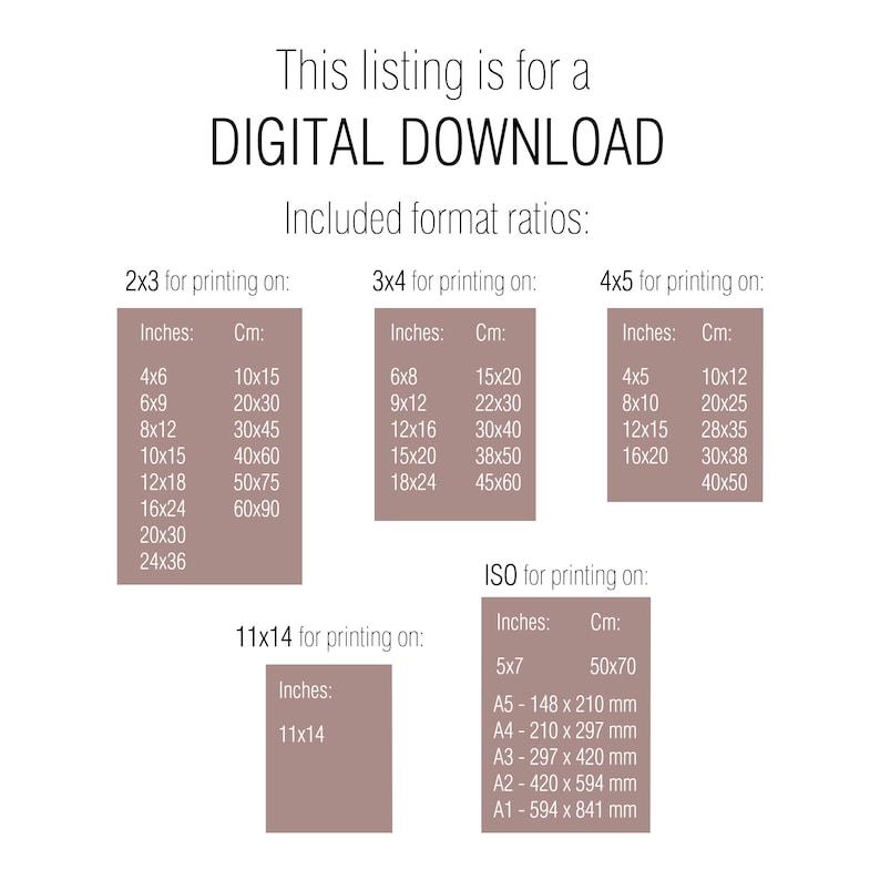 Op de afbeelding: Een digitale download van afdrukbare kunst in verschillende aspectverhoudingen, waaronder 2x3, 3x4, 4x5, 11x14 en ISO-formaten. De afbeelding toont de verschillende formaten in inches en centimeters.