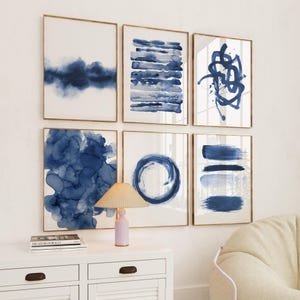 Indigo Watercolor Art Set of 6, Navy Blue Abstract Prints, Modern Gallery Wall Decor