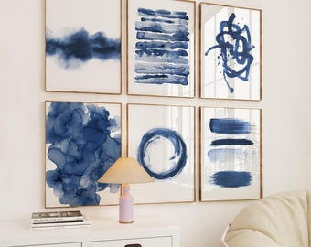 Indigo Watercolor Art Set of 6, Navy Blue Abstract Prints, Modern Gallery Wall Decor
