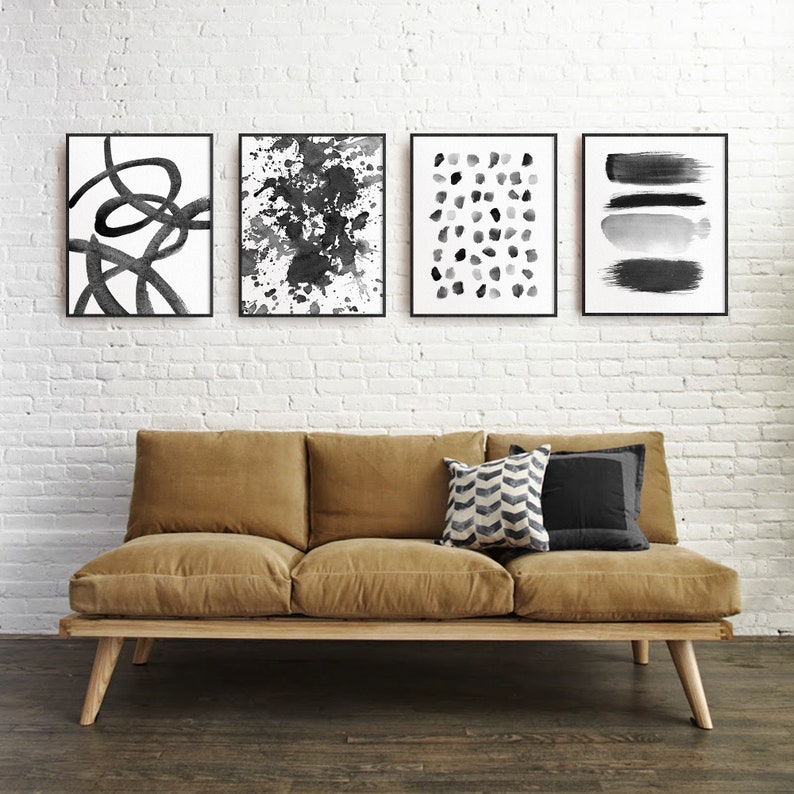 Black and White Set of 4 Abstract Watercolor Prints Modern Etsy
