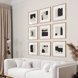 9er Set abstrakte abstrakte Bilder - Japandi schwarze und neutrale minimalistische Wandbilder - 9 Stück druckbare Wandbilder
