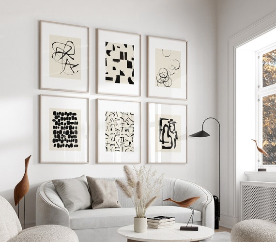 Gallery Wall Art Set of 6 Prints - Black and Beige Abstract