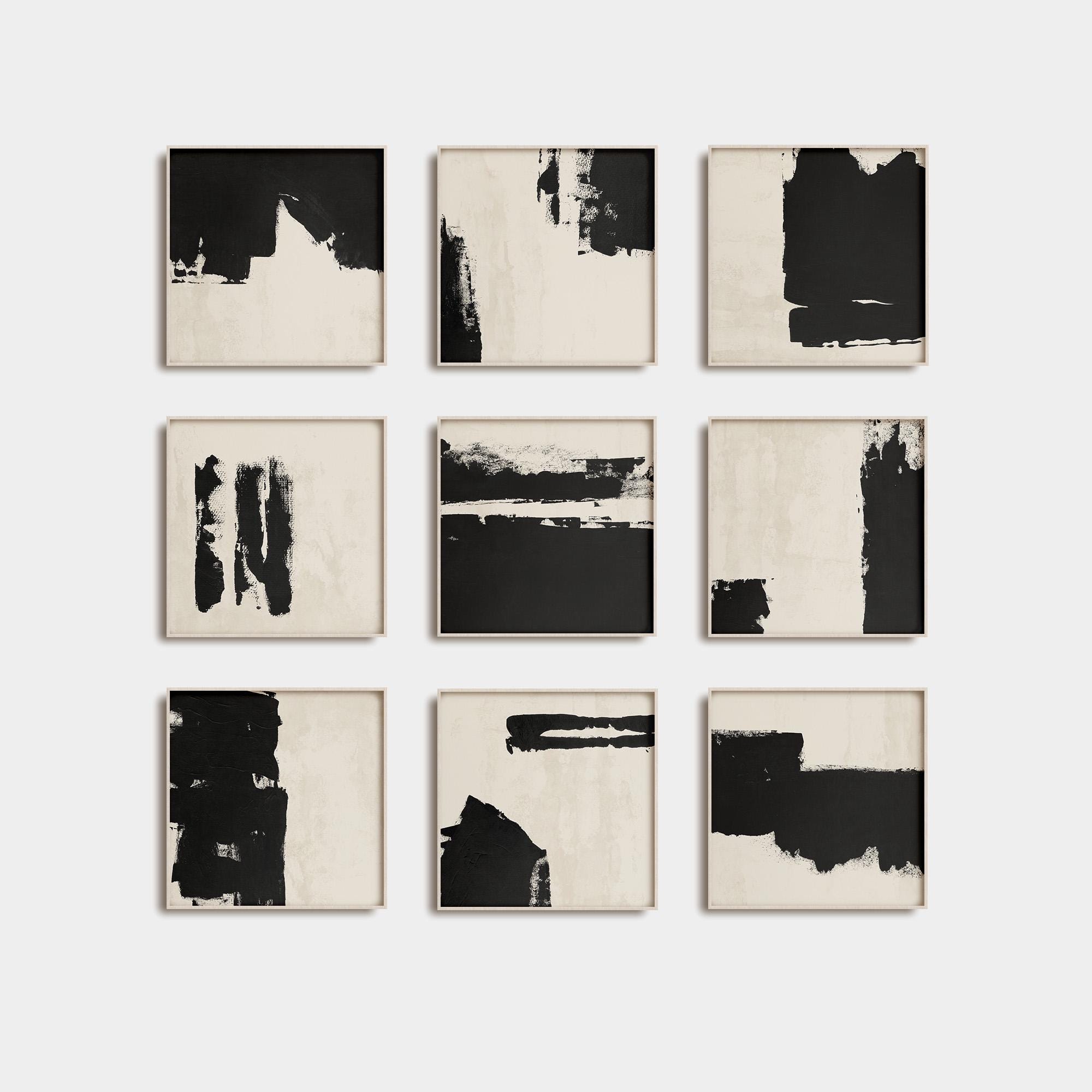 Gallery Wall Art Set of 9 Square Abstract Prints - Japandi Black and ...