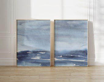 Blue Sea Watercolor Landscape Set of 2 Prints - downloadable abstract paintings - two piece seascape - printable ocean art - beach cottage