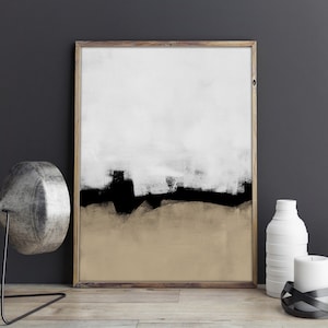 Beige White and Black Abstract Painting - Modern minimalist landscape - neutral color print - printable wall decor - large downloadable art