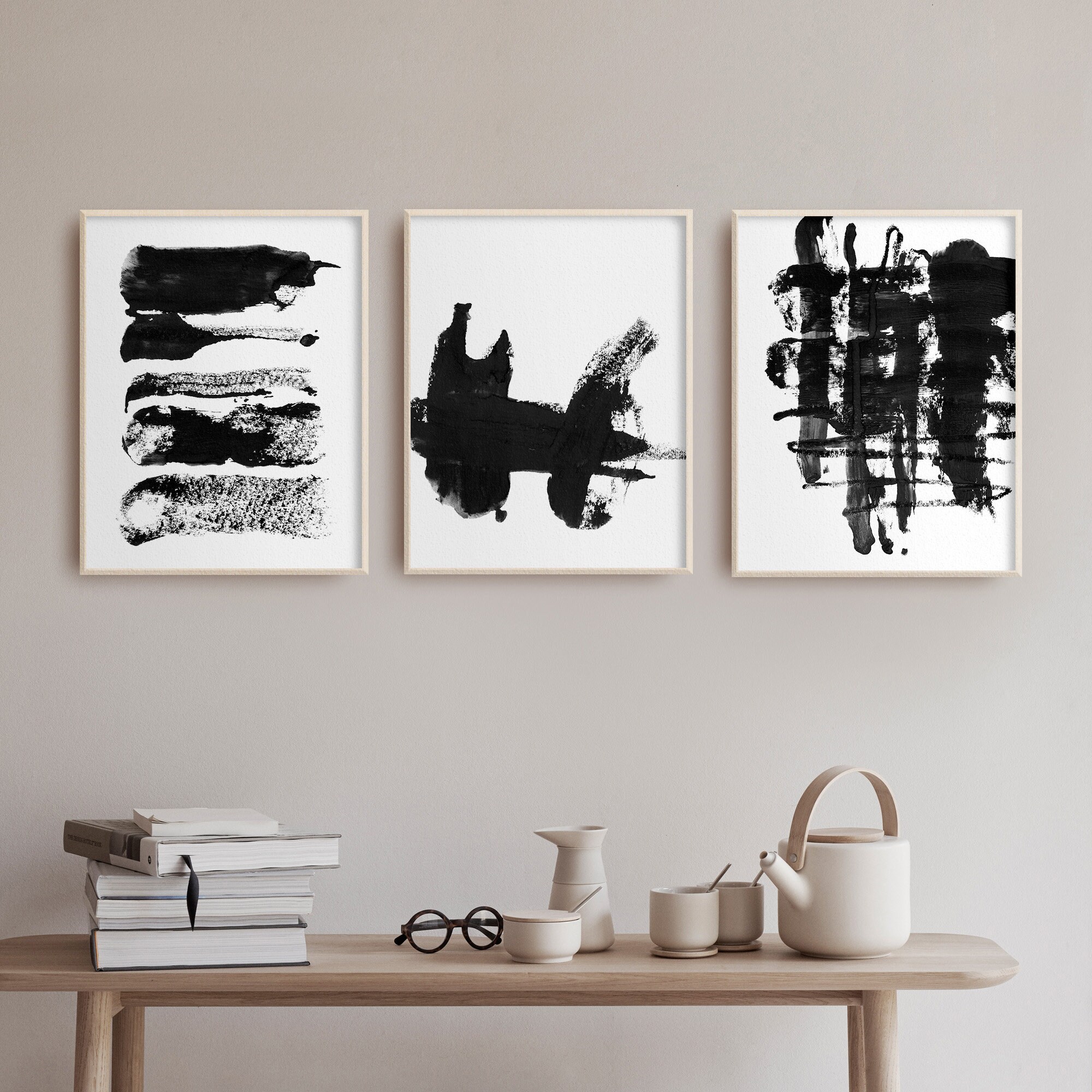 Set of 3 Black and White Abstract Prints - Modern Brushstroke Posters ...